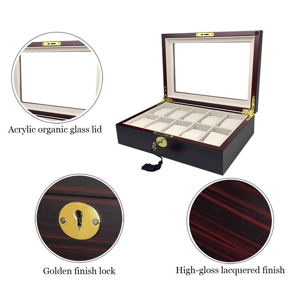TIMLOG 10 Slot Wooden Watch Box Jewelry Display Case Wooden Watch Organizer with Acrylic Organic Glass Display