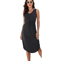 Hount Womens V Neck Sleeveless Casual T Shirt Dress Summer Midi Dress with Pockets