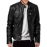 SAMS Mens Cafe Racer Real Lambskin Leather Motorcycle Jacket - Men's Black Biker Slimfit Outwear Genuine Leather Jacket