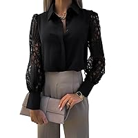 Women's Lace Crochet V Neck Blouses Shirts Flowy Casual Long Sleeve Button Down Loose Top T Shirts