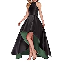 High Low Stain Prom Dresses Halter A-Line Bridesmaid Dress with Pockets Sleeveless Backless Green