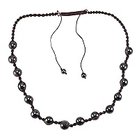 Silvesto India Black Round Beaded Hematite Adjustable Yoga Lightweight Necklace with Marron Cord
