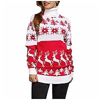 Womens Christmas Pullover Sweater Reindeer Snowflake Turtleneck Long Sleeve Tops Midi Sweaters Tunic Tops