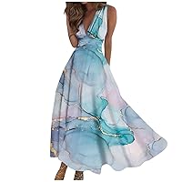 Women's Summer Dresses 2024 Wrap V Neck Sleeveless Maxi Dress Trendy Tropical Boho Printed Beach Vacation Sundress