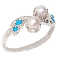 925 Sterling Silver Cultured Pearl and Turquoise Womens Band Ring - Sizes 4 to 12 Available