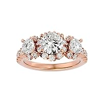 Certified 3 Stone 18K Round Cut 3 pcs Moissanite Diamond (1.51 Carat) Ring 4 Prong Setting, Round Cut 30 pcs Natural Diamond (0.534 Carat) White/Yellow/Rose Gold Engagement Ring For Women, Girl