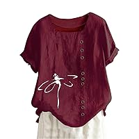 Womens Tops Casual Short Sleeve Square Neck Cotton Linen Shirts Short Sleeve Tshirts Loose Casual Blouse Summer Tee