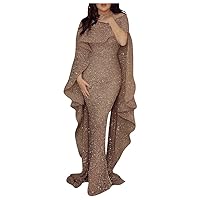 Women's Trendy Dresses Full Sexy Sleeve Color Short Long Solid Sequin with Cloak Sling Dress