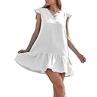 SCOFEEL Women's Cotton Linen Tunic Mini Dress Short Sleeve V Neck Shirt Dress Ruffle Hem A-Line Babydoll Dress