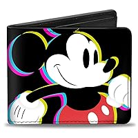 Buckle-Down Men's Disney Wallet, Bifold, CMYK Mickey Mouse Walking Pose Pixel Text Black Multi Neon, Vegan Leather, Multicolor, Standard Size