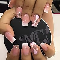 24 Pcs Press on Nails Medium, Luvehandicraft Square Ombre Fake Nails, False Nails with Nail Glue on Nails for Women and Girls (Medium Pink White Ombre with Glitter)