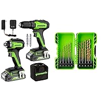 Greenworks 24V Brushless Drill/Driver + Impact Drive Combo Kit, Batteries and Charger Included, with 22-Piece Titanium Drilling Bit Set