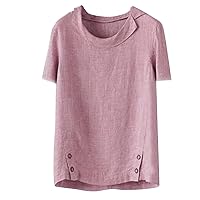Women's Plus Size Tops Casual Loose Cotton Linen Retro Buttons Solid Color Lapel Irregular Tops T Shirts Fit, S-2XL
