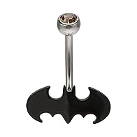 DC Comics Officially Licensed Unisex Stainless Steel Cutout Batman Logo 316L Surgical Navel Rings with fixed black batman symbol at the bottom.