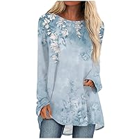 Long Sleeve Shirts for Women Loose Blouse Crew Neck Fall Hippie Tshirts Dressy Casual Tunic Tops Printed Pullover
