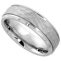 Surgical Stainless Steel 6mm Hammered Wedding Band Ring Grooved Beveled Edges Comfort-Fit, sizes 5-9
