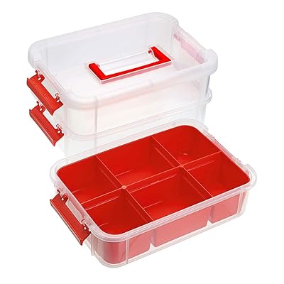 JUXYES 3-Tiers Stack Carry Storage Box with Divided Tray, Transparent Stackable Storage Bin with Handle Lid Latching Storage Container for School & of