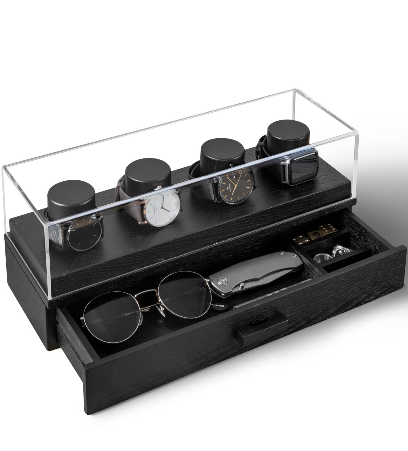 Watch Display Case with Black Vegan Leather Padding for Protection - Sleek Black Wood Watch Holder to Show Off Watches - Watch Box for Men - Watch Display Case for Men - Mens Watch Case