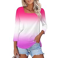 2024 Summer Clothes for Women Trendy Gradient Square Neck Quarter Sleeve Tops Loose Workout Sweatshirt Shirt Blouse