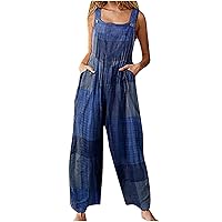 Women's Baggy Rompers Sleeveless Casual Jumpsuit Solid Wide Leg Romper Pants Button Loose Fit Playsuit with Pocket