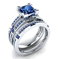 2.50 CT Princess Cut Prong Set Blue Sapphire Engagement Wedding Bridal Ring Set Sizable Real 925 Sterling Silver