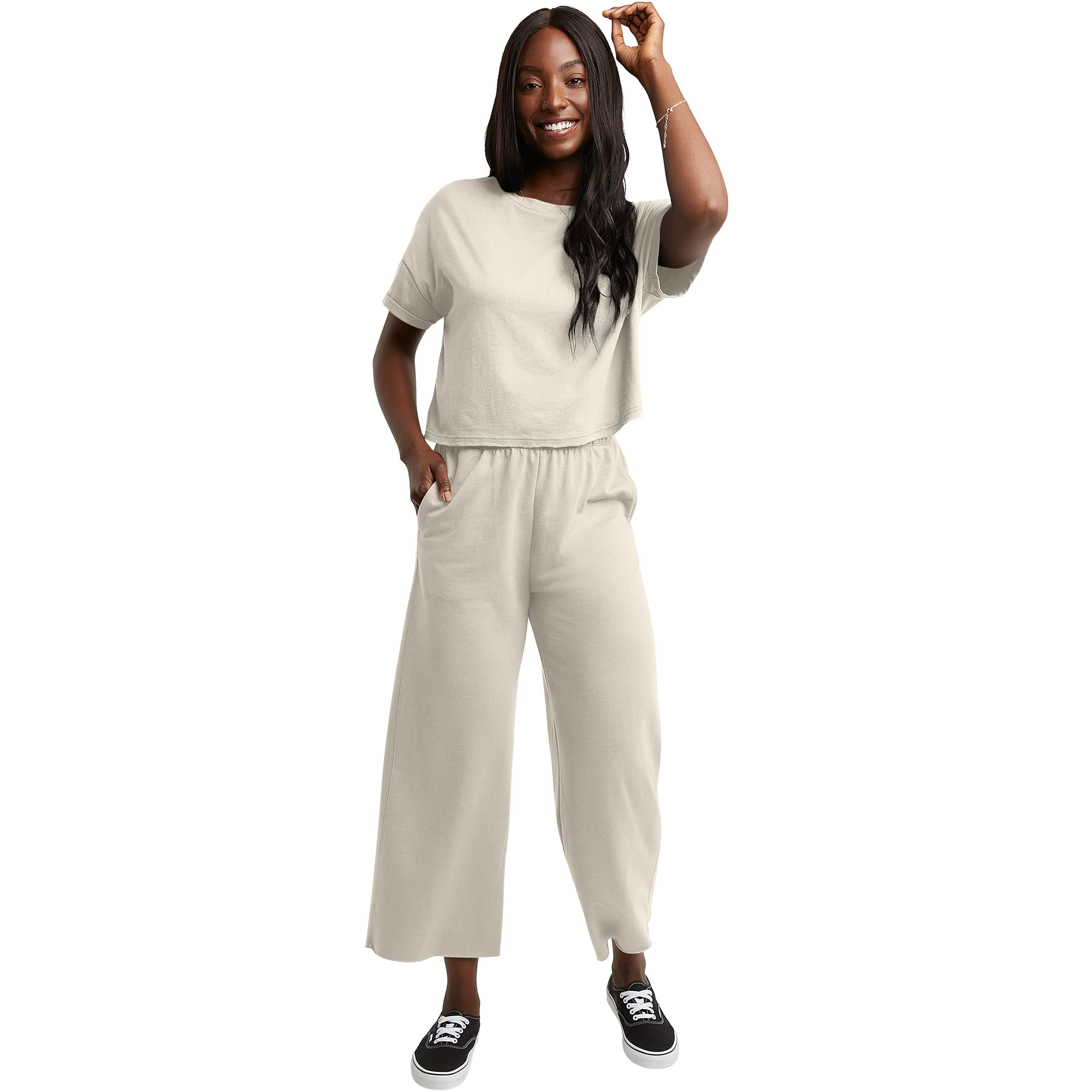 Hanes Women's Originals Wide Leg Crop Pants, Retro Lightweight French Terry Pants, 25