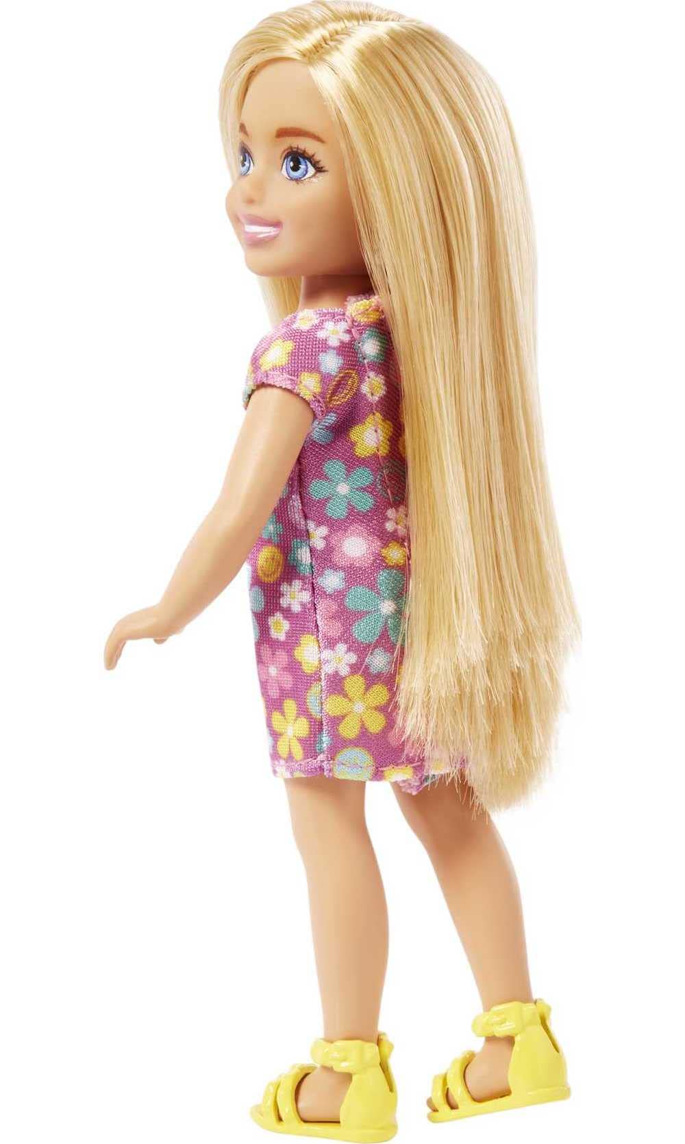 Barbie Chelsea Doll, Small Doll with Long Blonde Hair & Blue Eyes Wearing Removable Purple Flowered Dress & Yellow Shoes