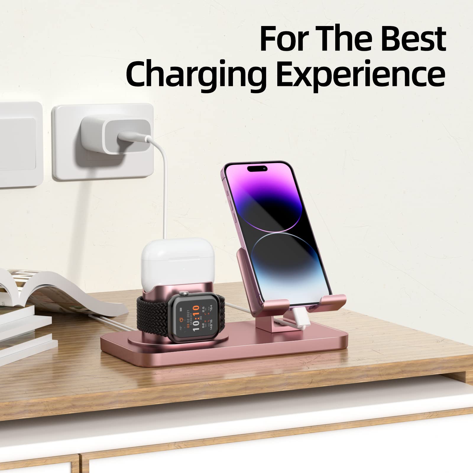 180°Rotation Phone Charger Stand Holder，3in1 Charger Dock, Charging Stand for iPhone/Apple Watch/Airpods/ipad and Most Smartphones (Rose Gold)