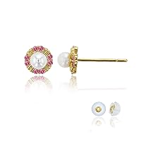14K Yellow Gold 3mm Fresh Water Pearl & Fancy Pink Swarovski Zirconia Flower Stud Earring