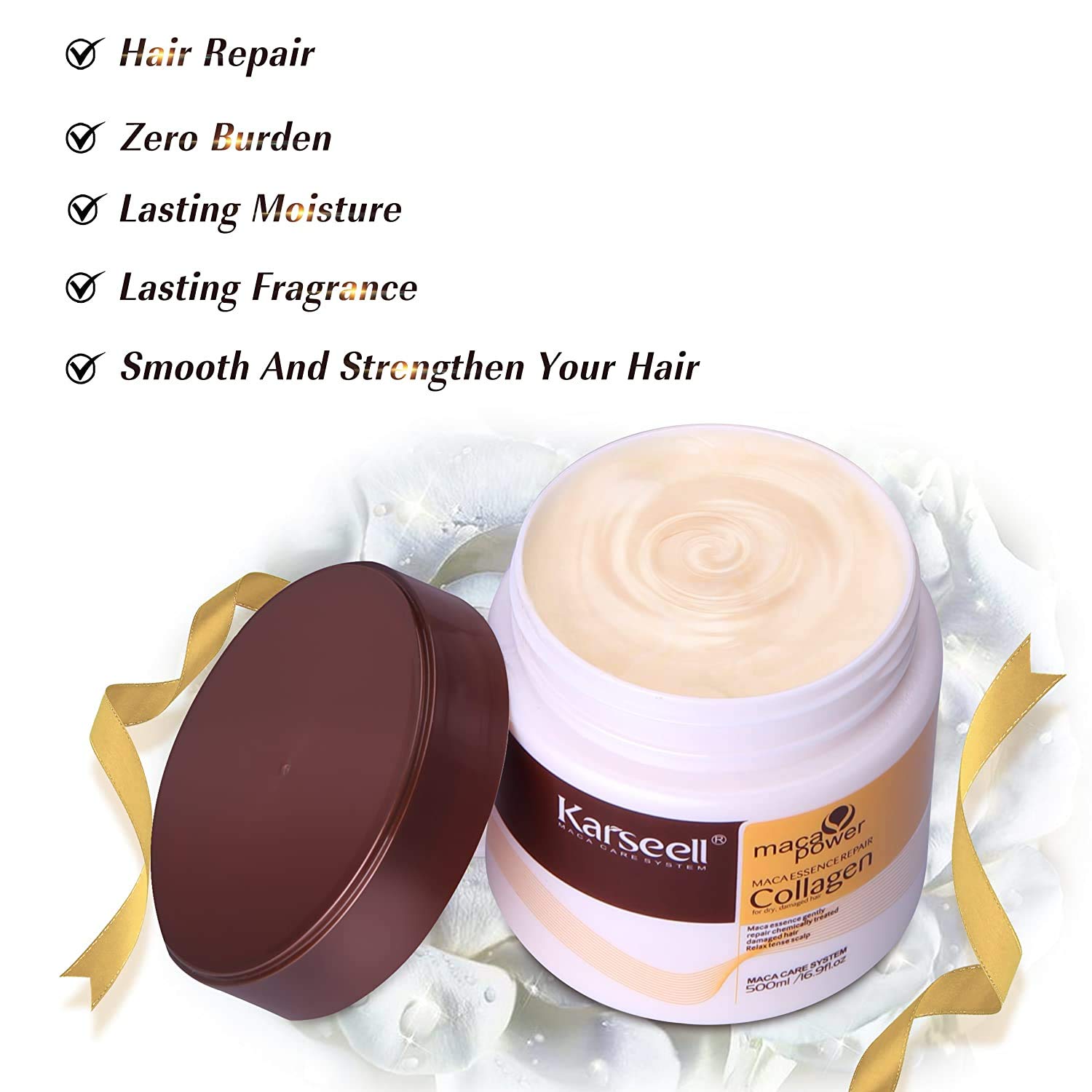 Karseell Collagen Maca Hair Treatment Deep Repair Conditioning Hair Mask Argan Oil Coconut Oil Essence for Dry Damaged Hair All Hair Types 16.90 oz 500ml