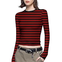 Women's Fashion Striped Printed Long Sleeve Round Neck T-Shirt Basic Slim Fit Sexy Pullover Tops Stretchy Base Tees