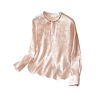 Women Blouse Silk Pleated Crew Collar Dropped Shoulder Long Sleeve Hand Button Retro Top 136