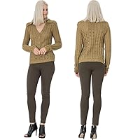 Womens Retro Crochet Polo V Neck Collar Button Down Over Sized Polo Collar Neckline Long Sleeve Sweater VT32055
