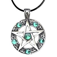 Celtic Star Pentagram Pentacle Green Crystal Magic Power Wicca Wiccan Pagan Silver Pewter Men's Pendant Necklace Protection Amulet Wealth Fortune Lucky Charm Safe Travel Talisman w Black Leather Cord