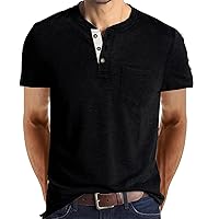 Mens T-Shirt 2023 Summer Trendy Short-Sleeve Basic Solid Color Button Round Neck Pullover Blouse Tee Shirts Tops