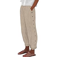 Striped Pants for Women Side Button Up Trendy Baggy Elastic Waist Straight Leg Comfort Trousers with Pocket, S XXXL
