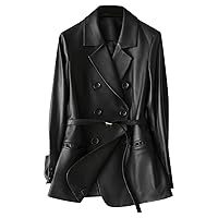 Women's Black Genuine Sheepskin Double-Breasted Leather Blazer - Long Sleeve, Belted, Business Casual
