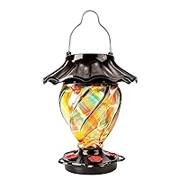 LUJII Solar Powered Color Changing Hummingbird Feeder for Outdoors Hanging, Hand Blown Glass, 35 fl.oz, Leakproof, Illuminated Lantern for Garden Decor, Gift for Bird Lover, 5 Metal Perches, Ribbon