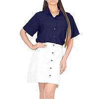 LA LEELA Women's Summer Casual Hawaiian Blouses Shirt Blouse Short Sleeve Dress Tops Tee Button Down Shirts for Women L Solid, Navy Blue