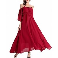 Afibi Womens Off Shoulder Long Chiffon Casual Dress Maxi Evening Dress