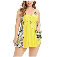 Plus Size Swimsuit for Women Tropical Printed Cross Straps Backless High Waist Dress with Panties 2 Piece Beachwear