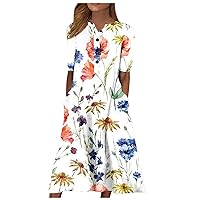 Women's Summer Dress with Pockets Dresses Boho Print Tie Neck Sleeve Ruffle Hem Smock Dress Beach, S-2XL