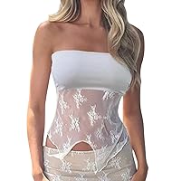 Biivrii Y2k Women Lace Strapless Tube Top Sexy Off Shoulder Sheer Bustier Crop Tops Fairy Grunge Sleeveless Bandeau Vest Top