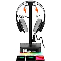 RGB Headphone Stand with USB A&C Charger Desk Gaming Headset Holder Hanger Rack with 3 USB Charging Port and 2 Outlet - Suitable for Gamer Desktop Table Game Earphone Accessories Boyfriend Gifts