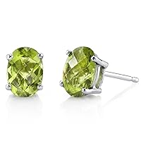 Peora Peridot Earrings for Women in 14 Karat White Gold, Classic Solitaire Studs, 7x5mm Oval Shape, 2 Carats total, Friction Back