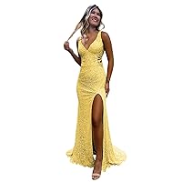 Hollow-Out Beaded Sequin Prom Dresses 2024 Long Sparkly Mermaid V Neck Backless Formal Evening Party Gown with Slit