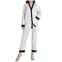 Women Fashion Comfy Pajamas Set Color Block Sleepwear Oversized Long Sleeve Button Down T-Shirts and Pants Pjs Sets