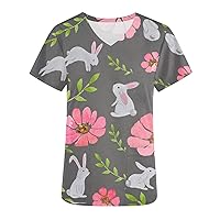 Loose Fit Long Shirts for Women Summer Fall Short Sleeve V Neck Work Scrub Easter Top T Shirt Blouse Women 2024