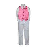 Leadertux 4pc Formal Little Boys Coral Red Vest Necktie Set White Pants Suit S-7