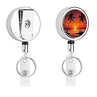 Badge Reel Retractable Badge Holder with Swivel Alligator Clip Cute ID Badge Clip Sunset and Coconut Trees Metal ID Card Holders Funny Badge Holder Reels for Nurse Office Workers